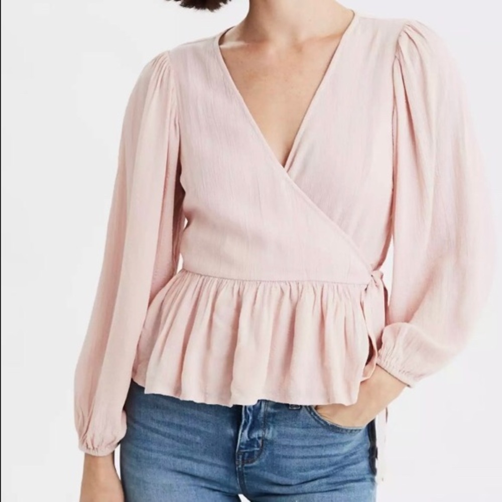 PEPLUM LONG SLEEVE WRAP FRONT BLOUSE